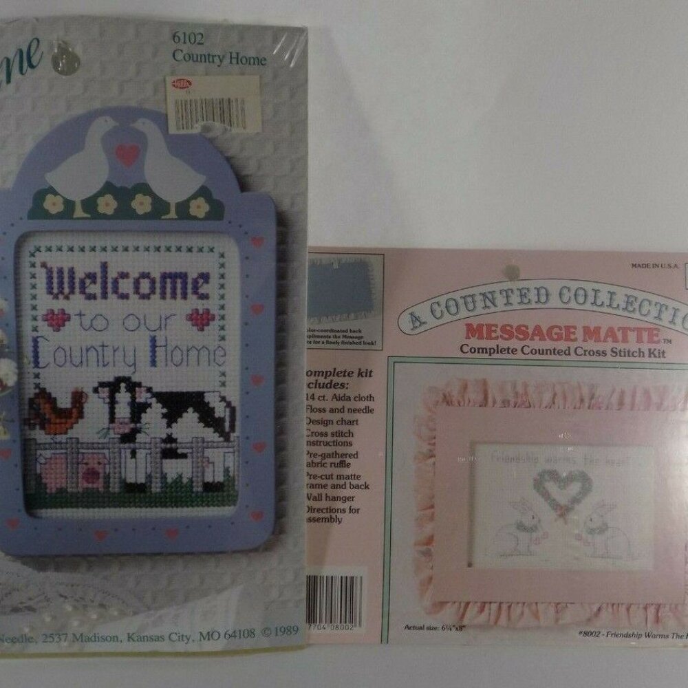 🌷5/25 NEW Framed Counted Cross Stitch Kit Lot x2 Country Cows Bunny Duck Goose